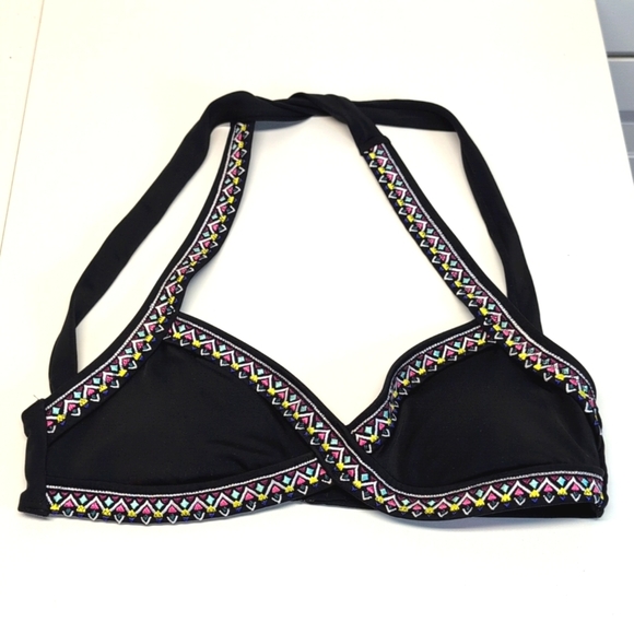 Pink Victoria Secret Black Bikini Aztec Embroidered Triangle Halter Bikini Top M - Picture 1 of 5